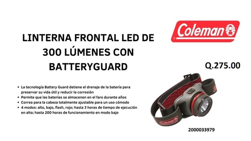 Linterna frontal LED de 300 lúmenes con BatteryGuard