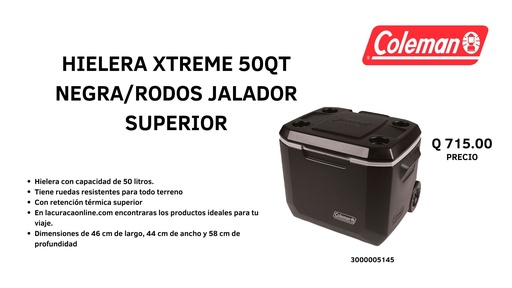 HIELERA XTREME 50QT NEGRA/RODOS JALADOR SUPERIOR