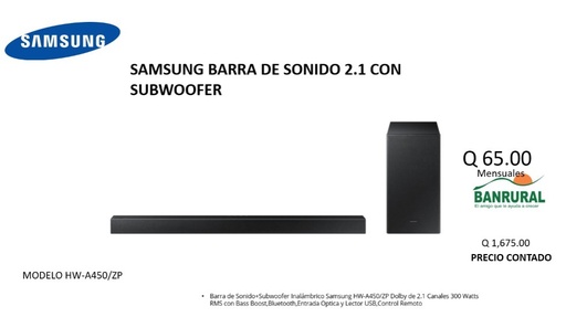 SAMSUNG BARRA DE SONIDO 2.1 CON SUBWOOFER MODELO HW-A450/ZP